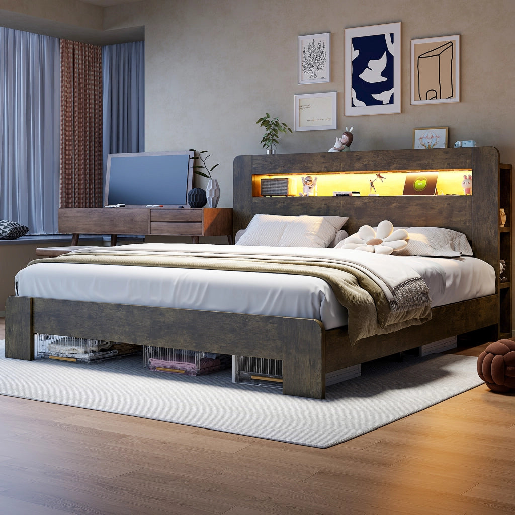 Letto matrimoniale in legno 180x200 con testiera contenitore, LED e prese integrate