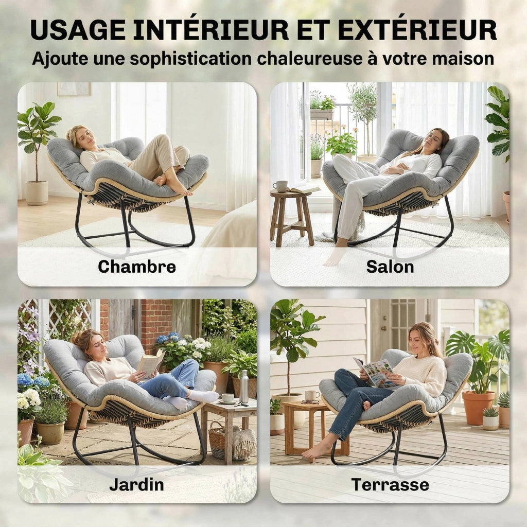 Poltrona a dondolo in resina intrecciata ¨C zephmum ¨C con cuscino, grigio