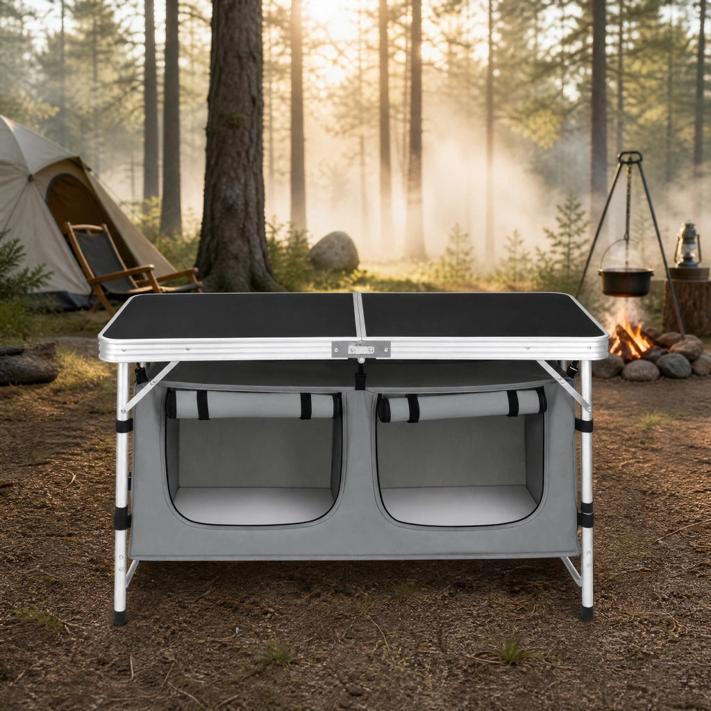 Tavolo pieghevole da campeggio con tasca portaoggetti, gambe regolabili, 120 x 47 cm