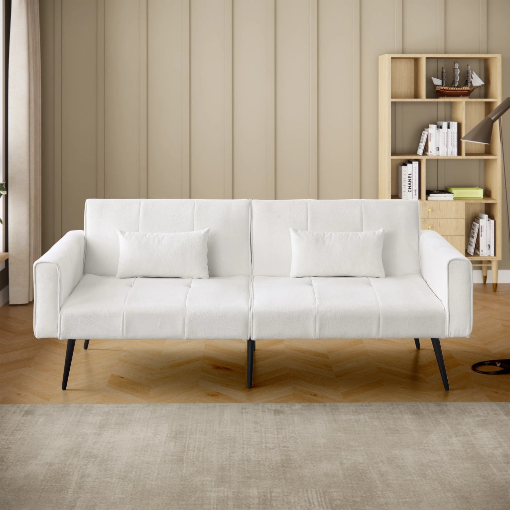 Divano letto futon convertibile con struttura in legno e piedini in metallo per salotto in tessuto a coste beige