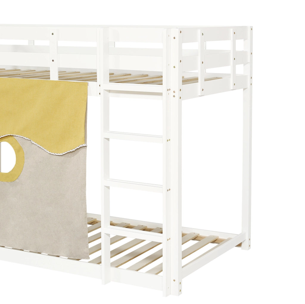 Letto a castello 90x200 cm con scivolo; scala e tendine in MDF e legno bianco
