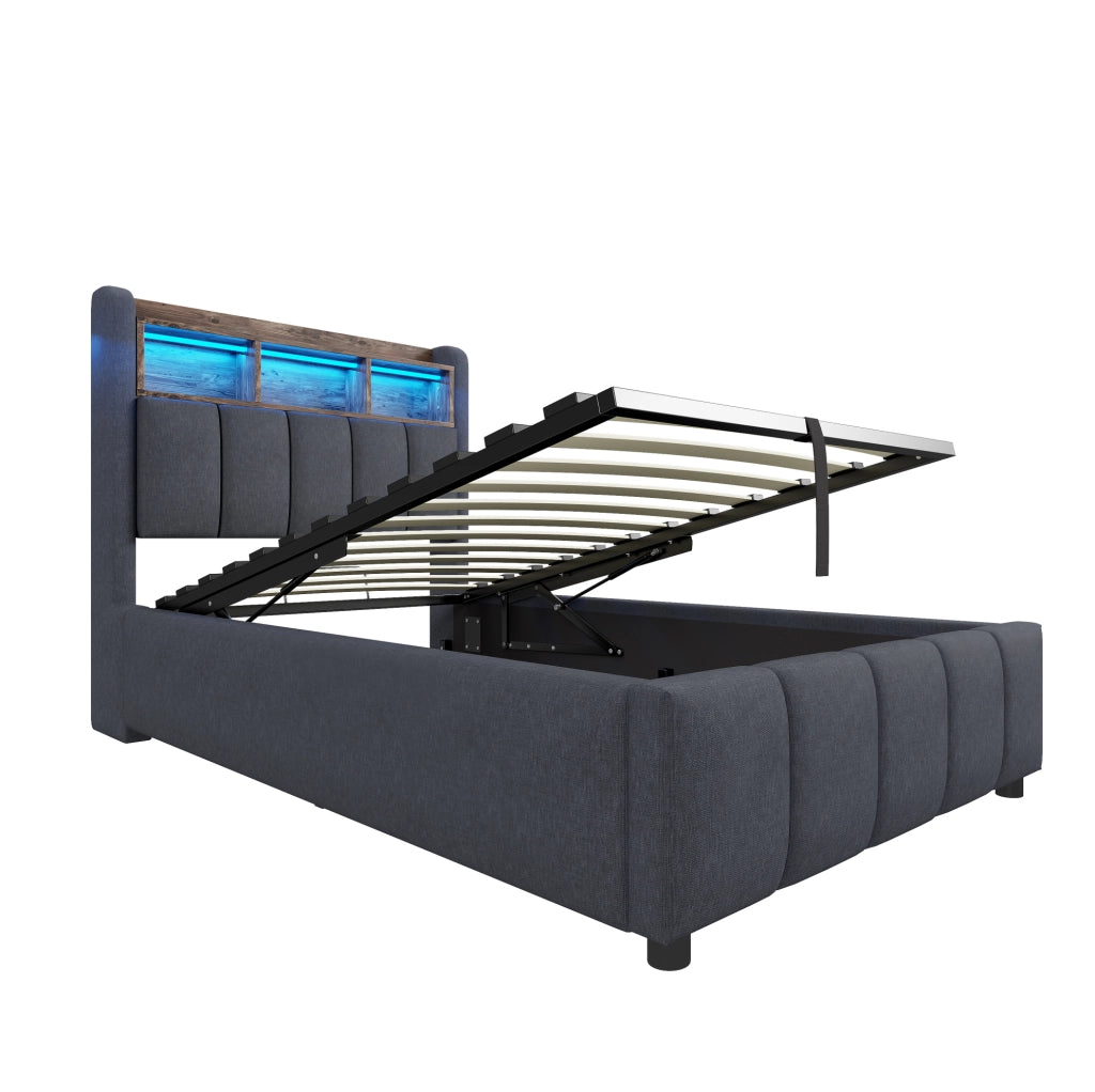 Letto imbottito con LED e porta USB Tipo C; contenitore idraulico 90x200 cm; grigio