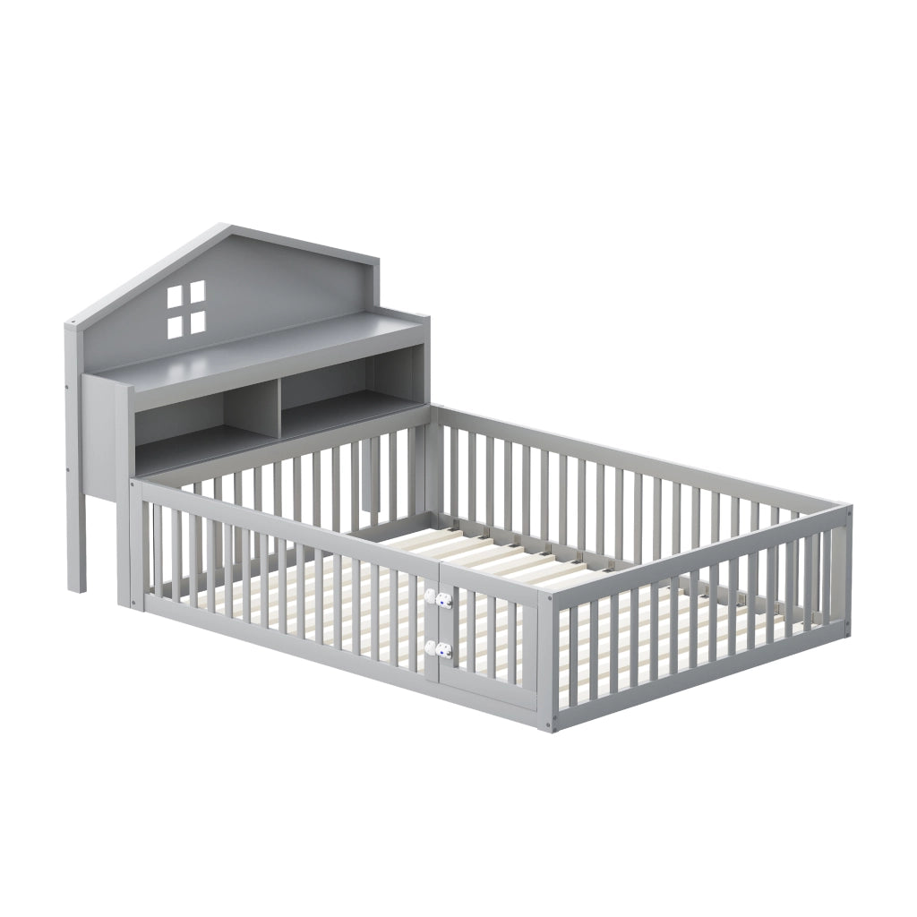 Letto per bambini grigio in legno massello con funzione casa 140x200 cm