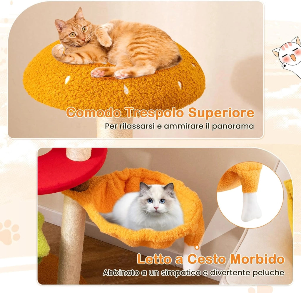 Albero per Gatti 117 cm, Tiragraffi per Gatti a Tema Hamburger con Letto a Cestino Sospeso, Condominio, Trespolo Imbottito, Tiragraffi in Sisal, Cuscini Peluche e Giocattolo Sospeso