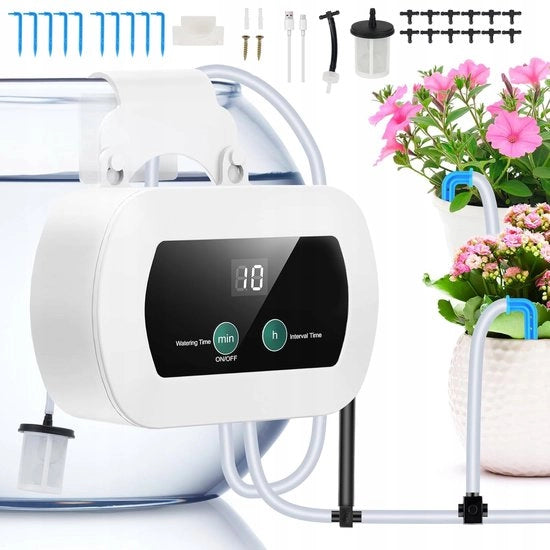 Sistema di irrigazione a gocce - Automatizzato per 10 piante - Funzione anti-aspirazione + allarme bassa acqua - Bianco - 2200mAh - Con timer LCD