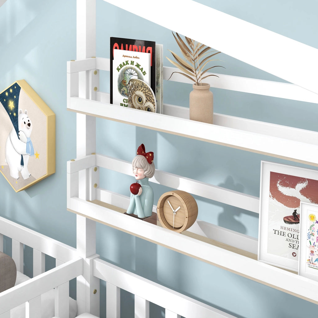 Letto a casa per bambini bianco con cassetti e mensole in legno massello e mdf struttura l 90x200 cm