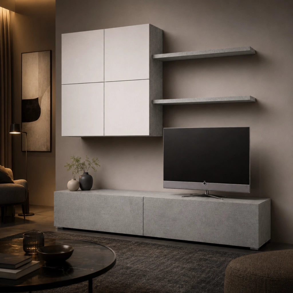 Parete Attrezzata Moderna Per Soggiorno Con Base TV 2 Ante Pensile 4 Ante E 2 Mensole In Melaminico Facile Da Pulire Design Contemporaneo 200 X 194 X 40 Cm Bianco E Grigio Cemento