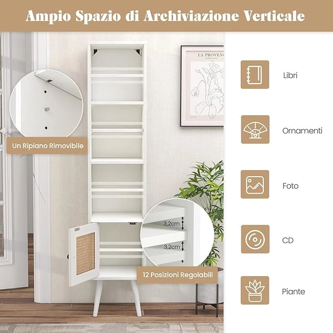 Libreria Scaffale con Anta in Rattan Naturale, Scaffale Legno in Stile Boho con 3 Ripiani Regolabili in 12 Posizioni, per Soggiorno Cucina e Camera da Letto, 29,5 x 29,5 x 137 cm (Bianco)