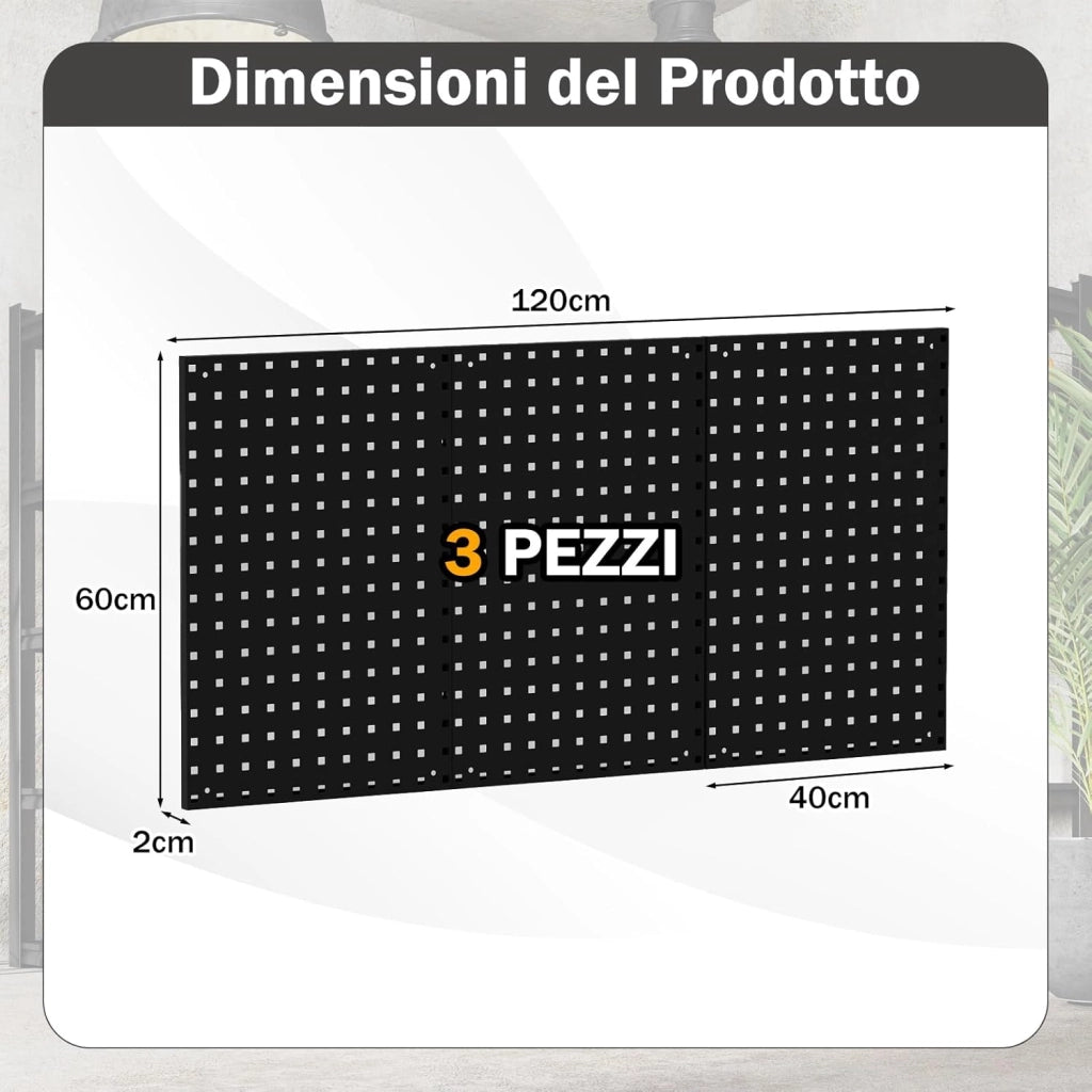 Kit 3 Pannelli Porta Attrezzi da Parete 60 x 40 cm, Pannello Forato Portaoggetti con 24 Ganci e Supporti, Pannello Portautensili per Officina e Garage (Nero)