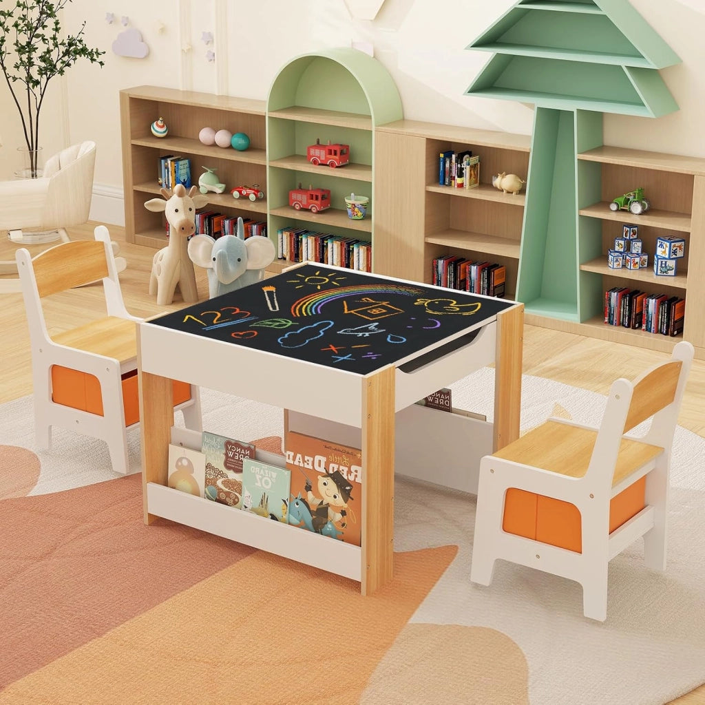 Set Tavolino Bambini con 2 Sedie per 3+ Anni, Tavolo e Sedie 4 in 1 con Lavagna Rimovibile, Librerie e Scatola in Tessuto, Mobile Salvaspazio per Scuola e Cameretta (Naturale, Stile 1)