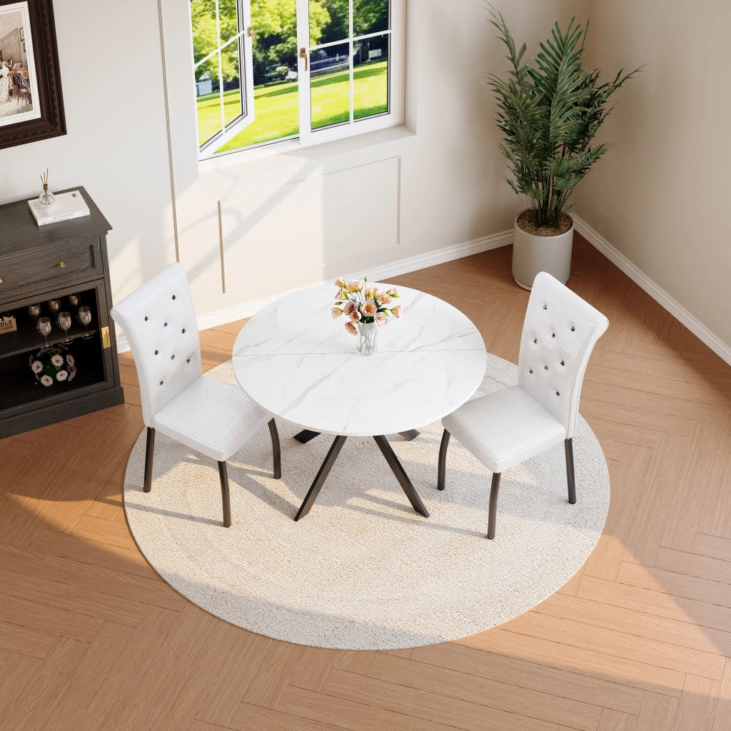 Tavolo da Pranzo Rotondo Effetto Marmo con 2 Sedie Bianche ¨C MINIMAL ¨C Gambe in Metallo, Ecopelle
