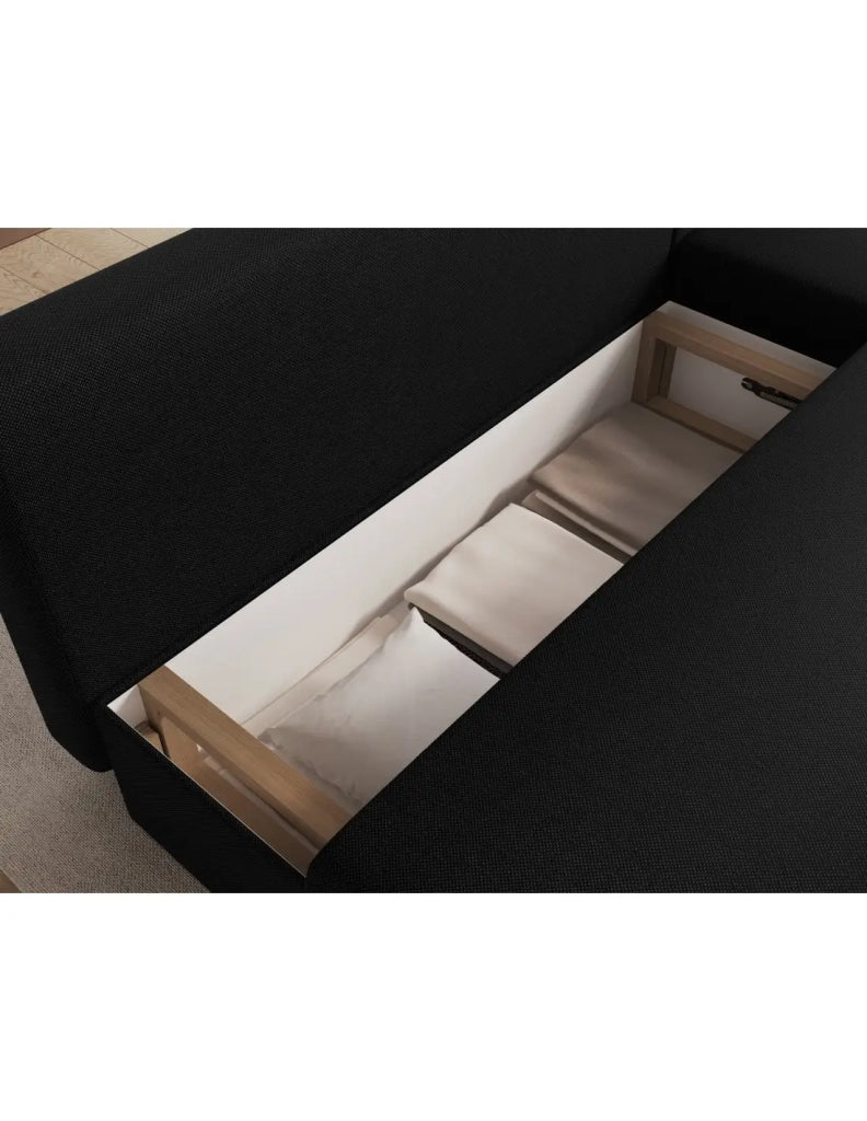 Divano ad angolo Nero 3 posti chaise longue universale 206x90x146cm GINA