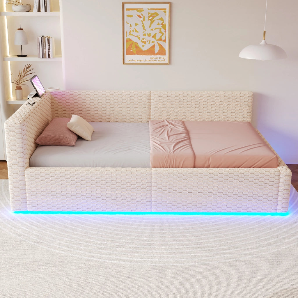 DESMIU Letto Divanetto 1 Piazza con Contenitore, LED, 2 USB e Tipo C 90 × 200 cm, senza Materasso, Beige