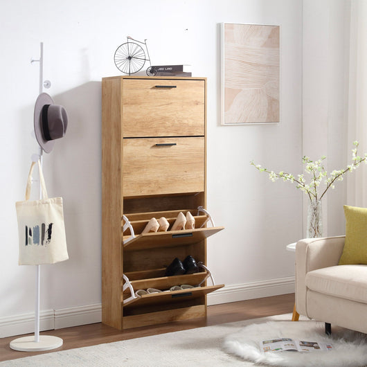 Scarpiera Salvaspazio 4 Ante a Ribalta 63x24x155h cm in Melaminico Venato a Rilievo Rovere