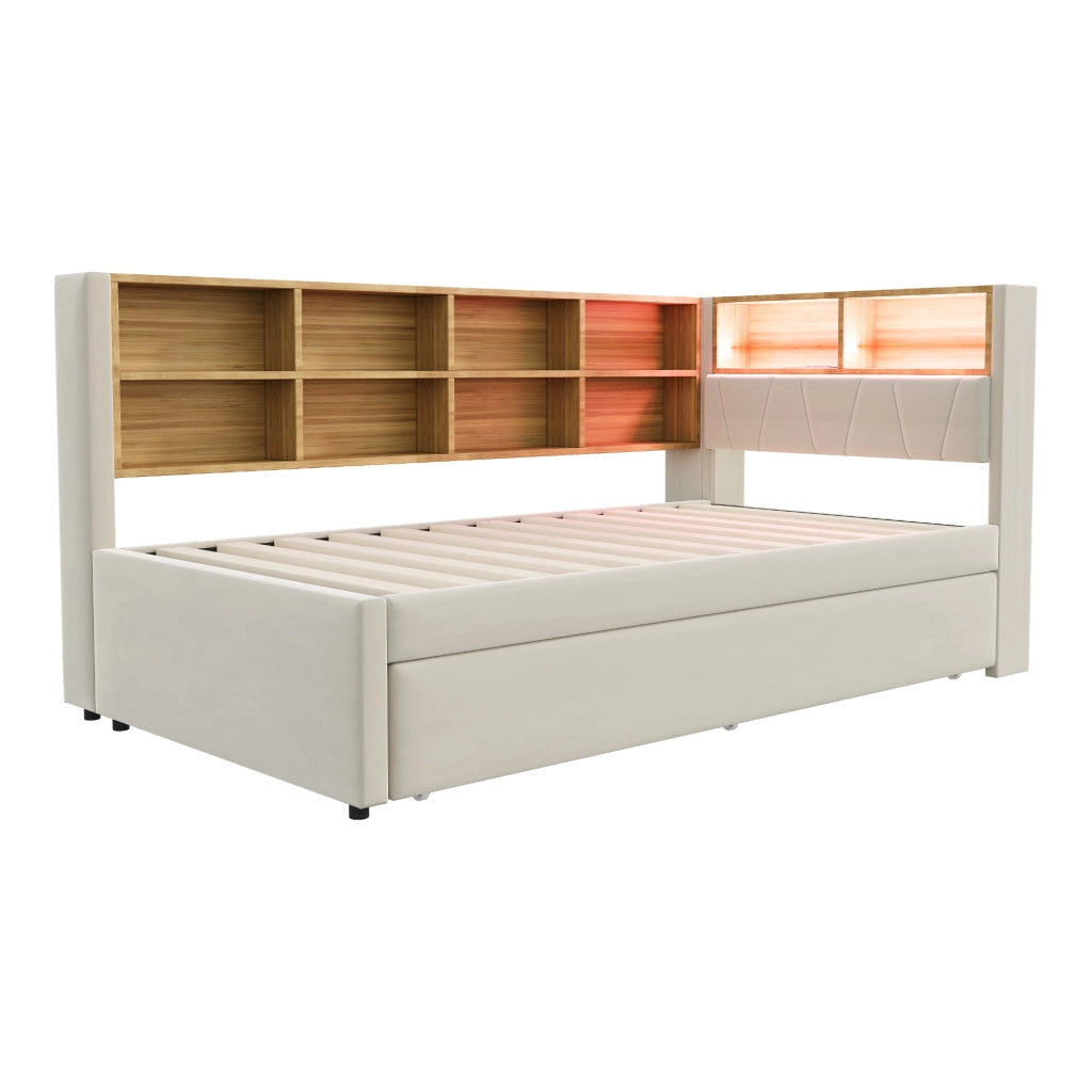 Divano letto imbottito con letto estraibile; LED; porte di ricarica e ripiani; flanella beige; 90x200 cm; senza materasso