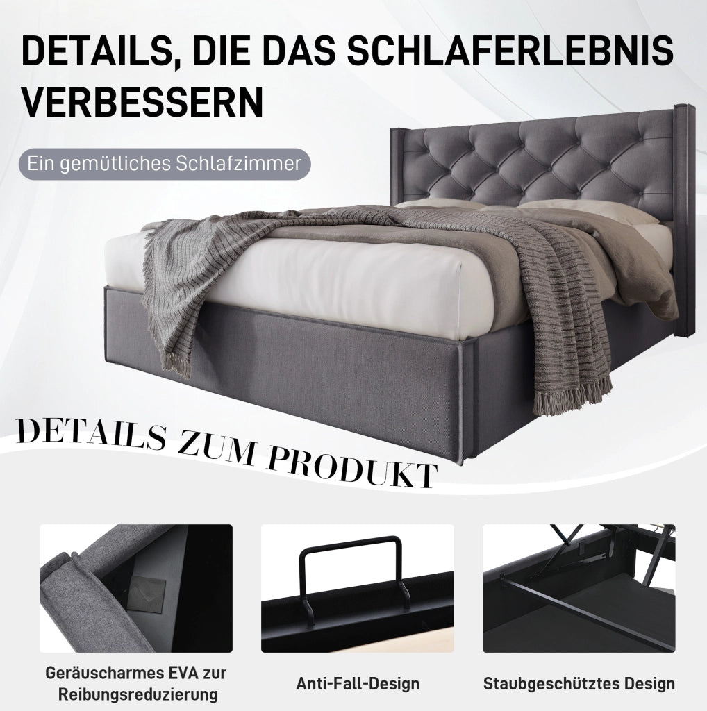 Letto imbottito 140x200 cm con contenitore e rete sollevabile