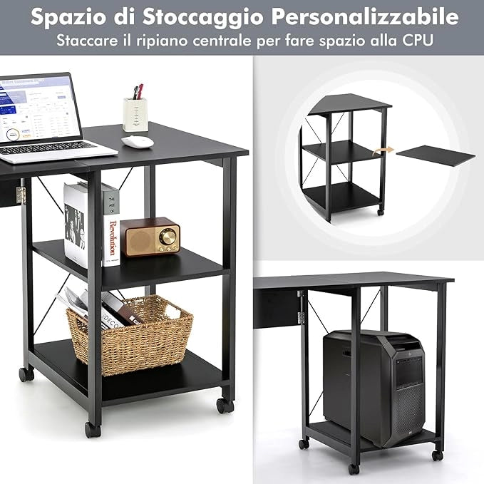 Scrivania Pieghevole per Computer, Scrivania Moderna con 2 Mensole, Postazione di Lavoro per PC con 6 Ruote, Scrivania Compatta Salva Spazio per Casa Ufficio, Marrone (Nero)