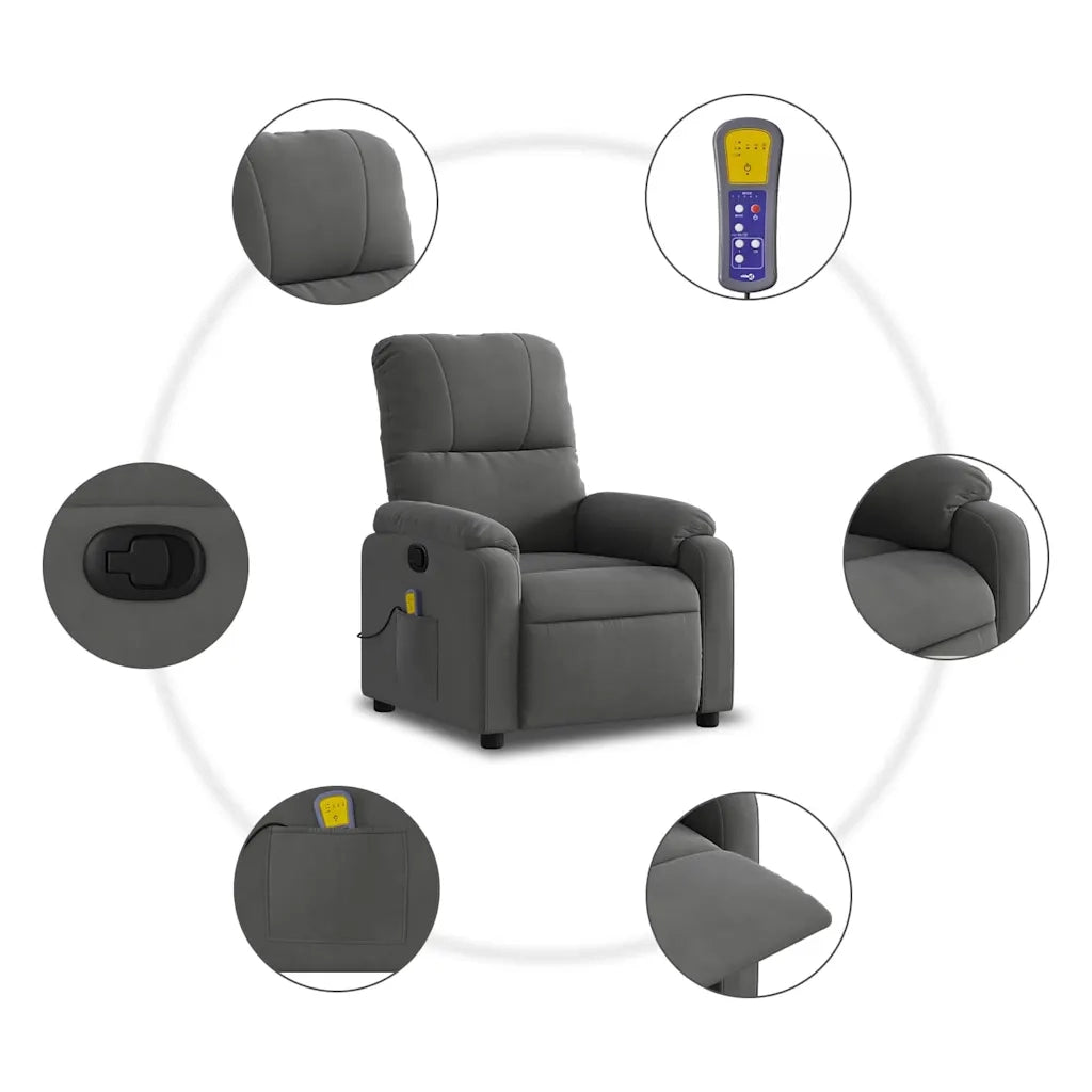 Divano Sedia-Poltrona Reclinabile Massaggio Grigio Scuro Tessuto Microfibra 155006