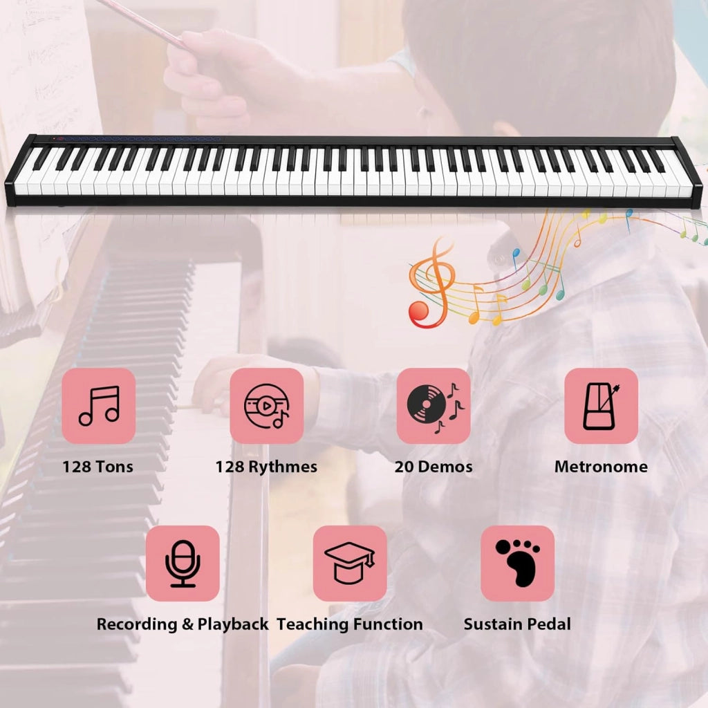 Pianoforte Digitale 88 Tasti Multifunzionale con Funzione Bluetooth e USB, Regolazione Dinamica, Tastiera Elettronica Semi-Pesato, Nero