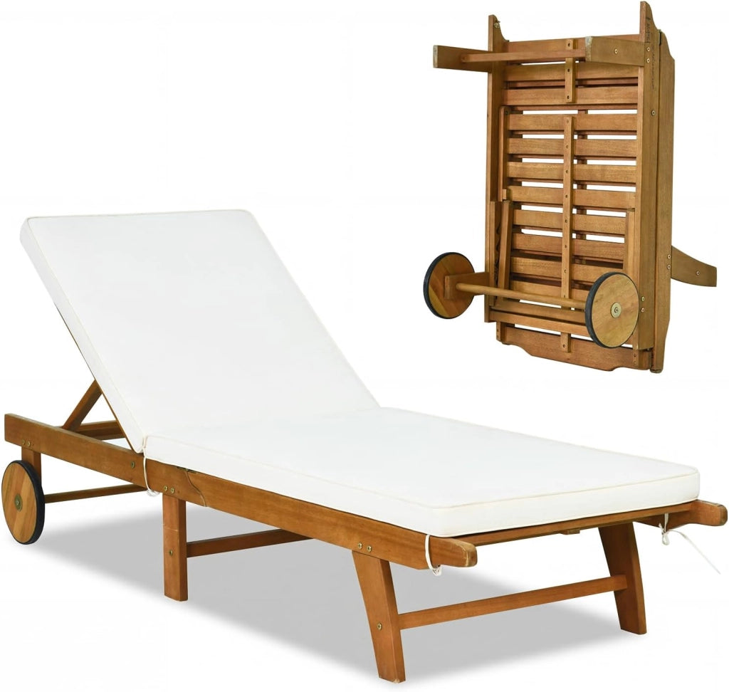 Lettino Prendisole Pieghevole, Lettino da Giardino in Legno di Eucalipto con Ruote e Cuscino, Schienale Regolabile 6 Posizioni, Tessuto Senza Fluoro, per Piscina e Spiaggia, Portata 160 kg (2)