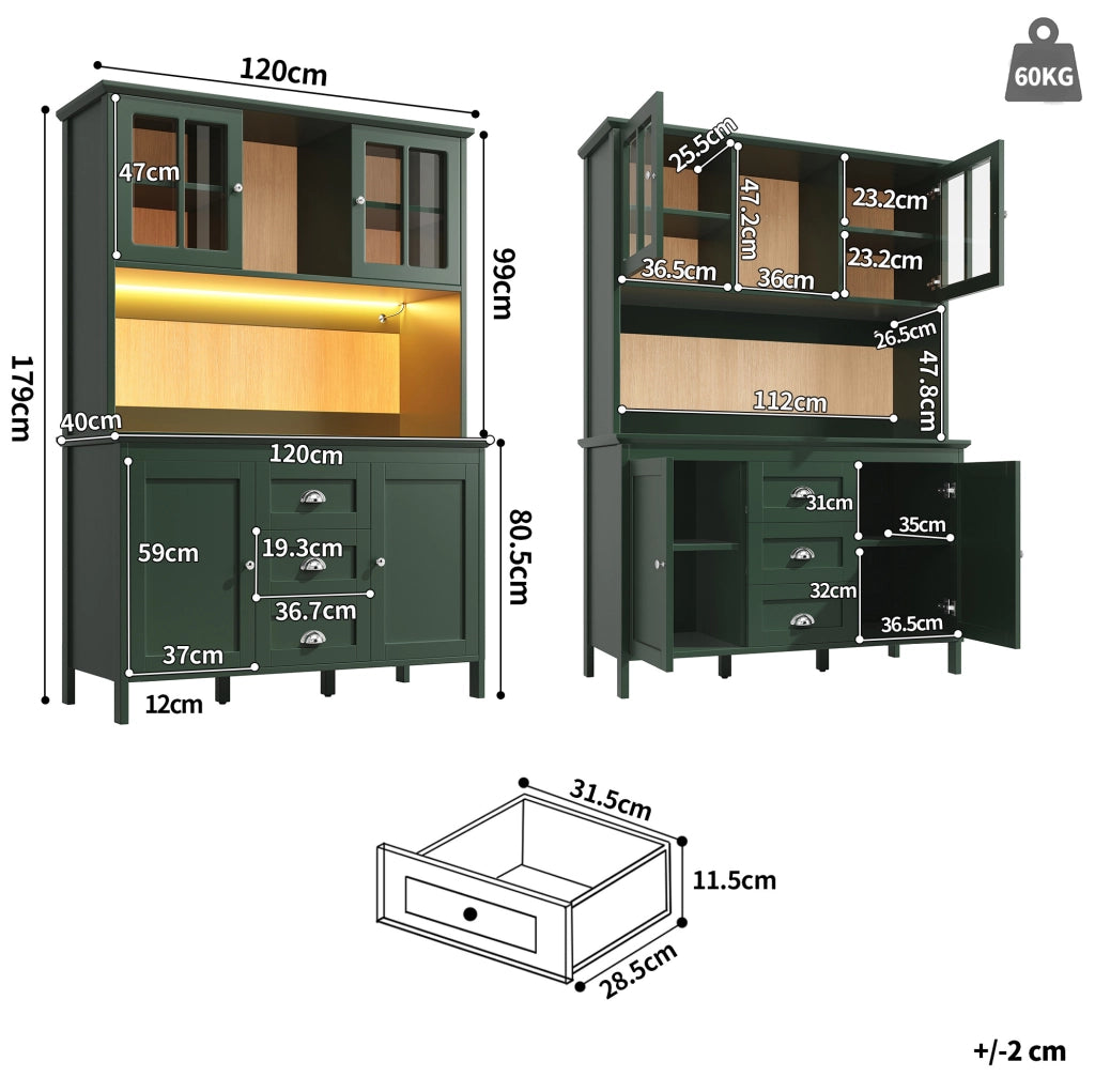 Credenza cucina 120x40x179 cm con luci LED; MDF; verde