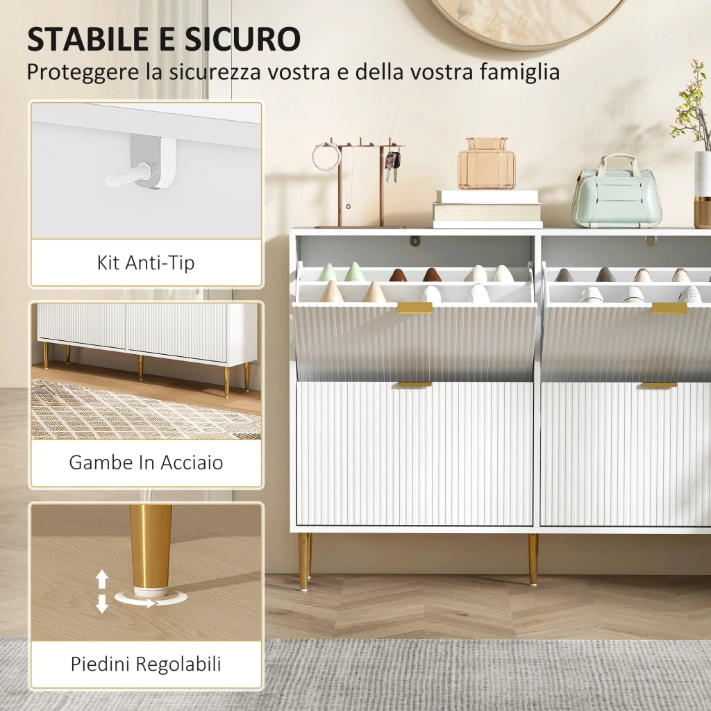 Scarpiera Slim con 4 Cassetti Ribaltabili per 20 Paia di Scarpe 105x24x91,5 cm Design Moderno in MDF Bianco