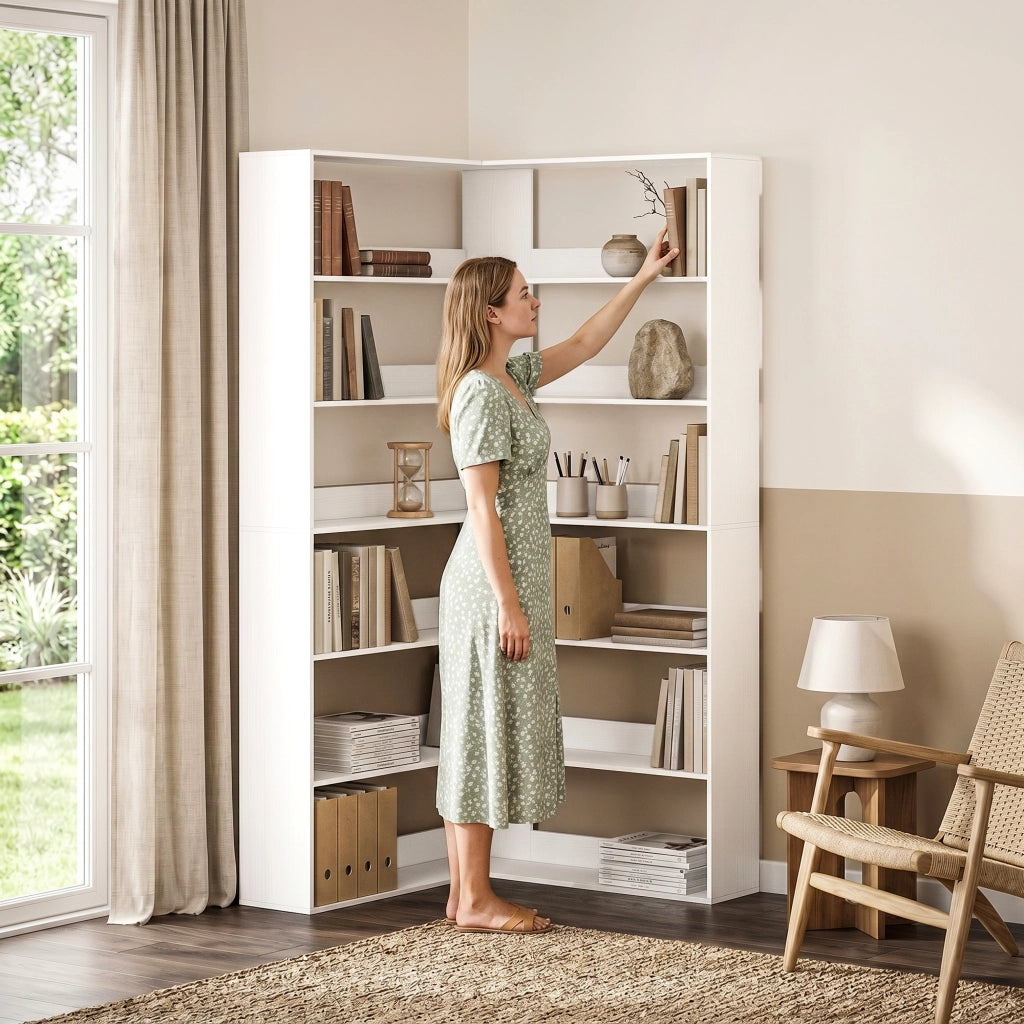 Libreria angolare a L 7 ripiani ¨C Xylo ¨C bianco effetto legno con protezione antiscivolo
