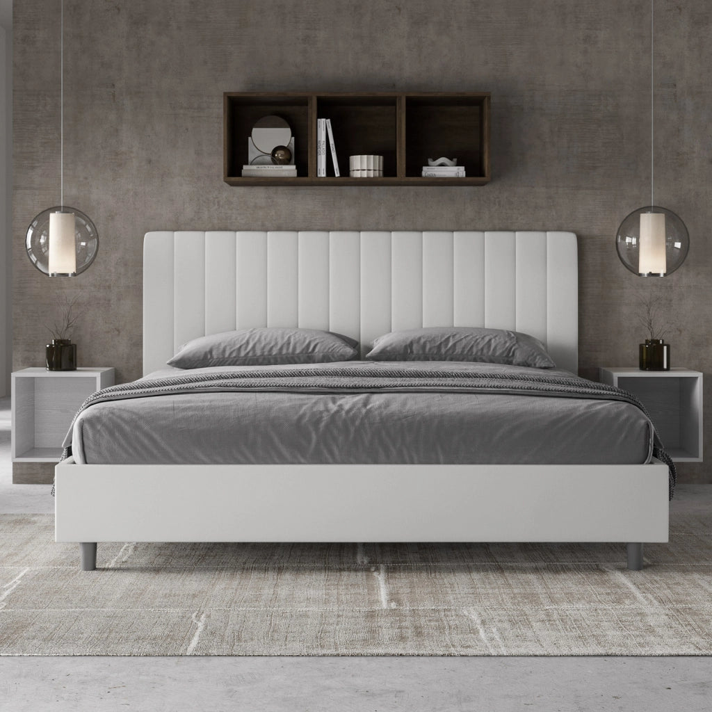 Letto Matrimoniale King Size 200x200 cm con Rete e Contenitore Imbottito in Similpelle Agueda Bianco