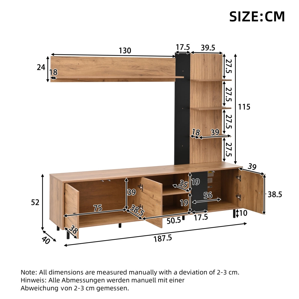 Mobile porta TV con 3 ante e ripiani aperti, per soggiorno, in truciolare, legno e nero, 187,5 × 40 × 167 cm