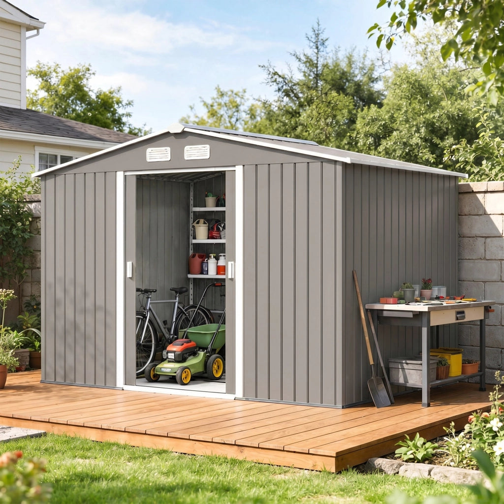Casetta da Giardino 4.9 m2 con Fondazione, 4 Prese d'Aria e 2 Porte Scorrevoli, Capanno Porta Attrezzi in Lamiera d'Acciaio, 277x195x192 cm, Grigio