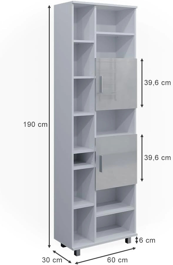 Mobile bagno alto Ilias, Bianco lucido, 60 x 190 cm, con ripiani regolabili per una conservazione ordinata