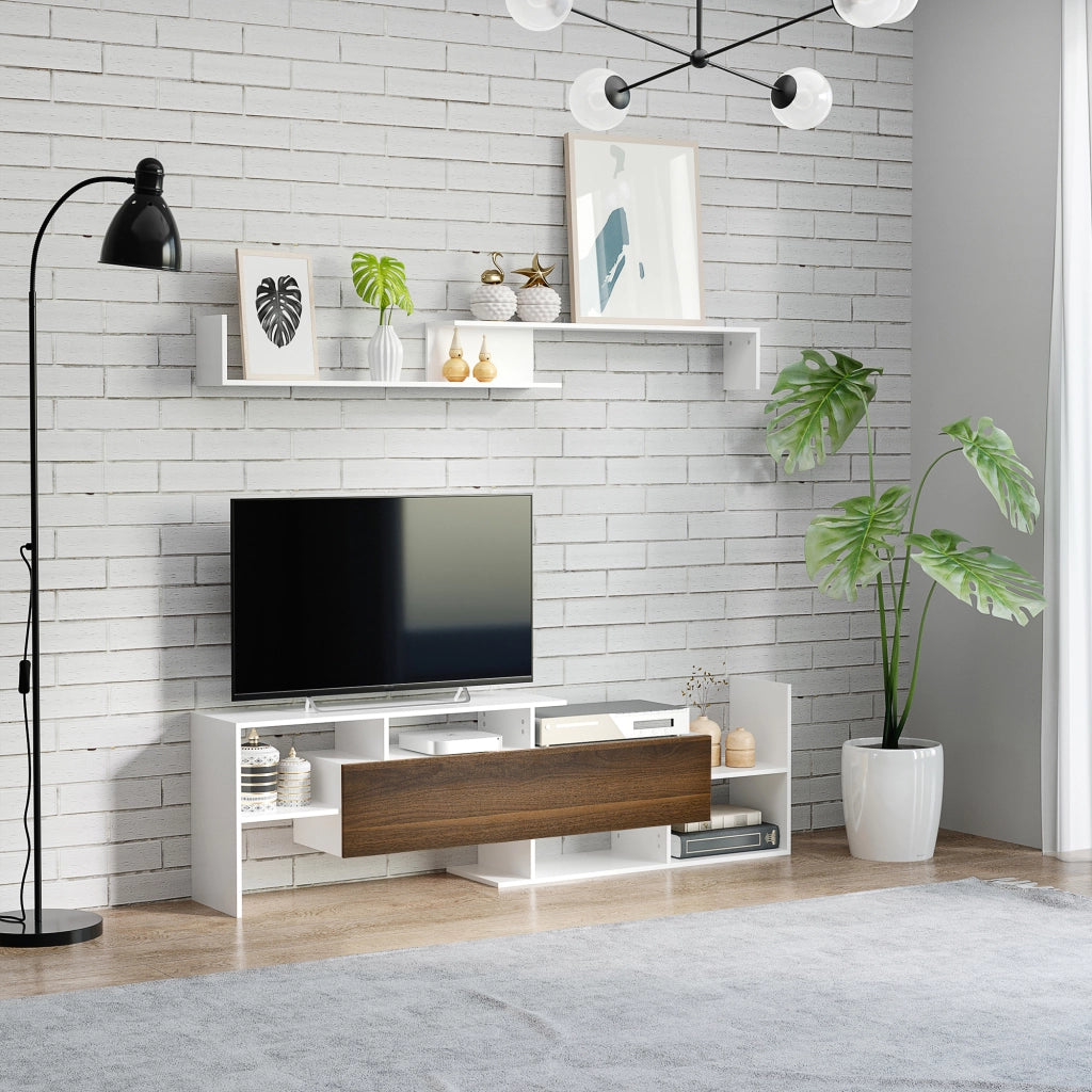 Mobile TV con Mensola a Muro, Ripiani Aperti e Armadietto Chiuso, in Truciolato Bianco e Marrone