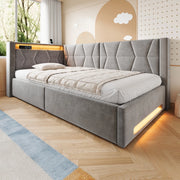 Letto imbottito con contenitore 210x148.5x83 cm con LED; USB e Type-C in velluto e metallo
