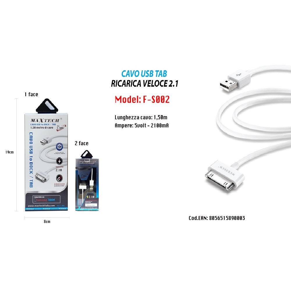 Trade Shop - Cavo Usb Ricarica Filo Tab 2.1 Lunghezza 1,5mt Ampere 5v-2100ma Maxtech F-s002 -