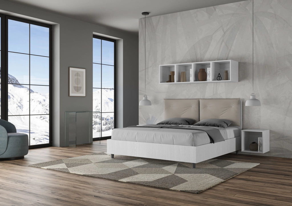BS COM Letto matrimoniale contenitore doppia alzata 160x190 bianco frassino cuscini similpelle tortora