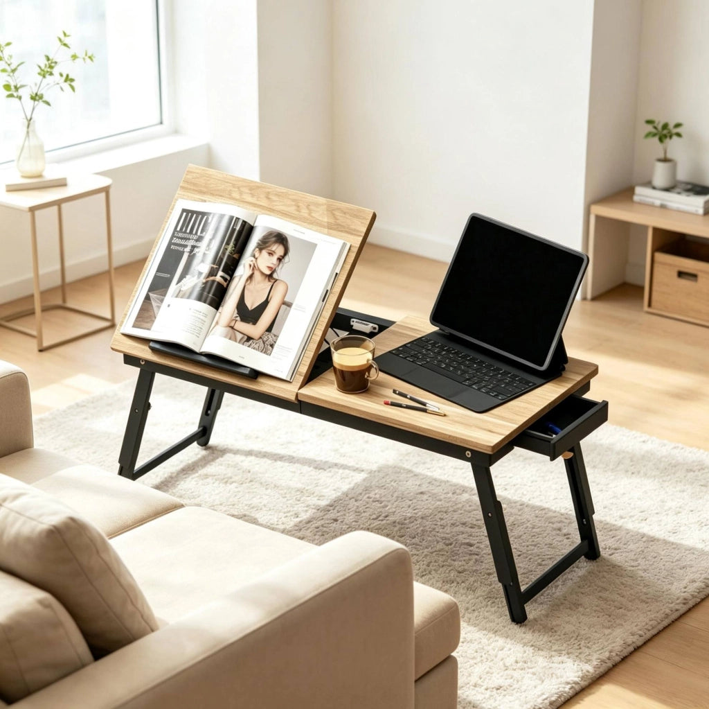 Tavolino per laptop pieghevole regolabile con cassetto; bambù e MDF; rovere e nero