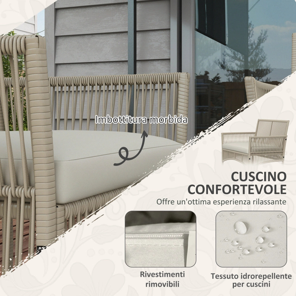 Set da Giardino in Rattan da 4 Pezzi con 2 Poltroncine. Divano e Tavolino da Caff¨¨. Kaki e Nero