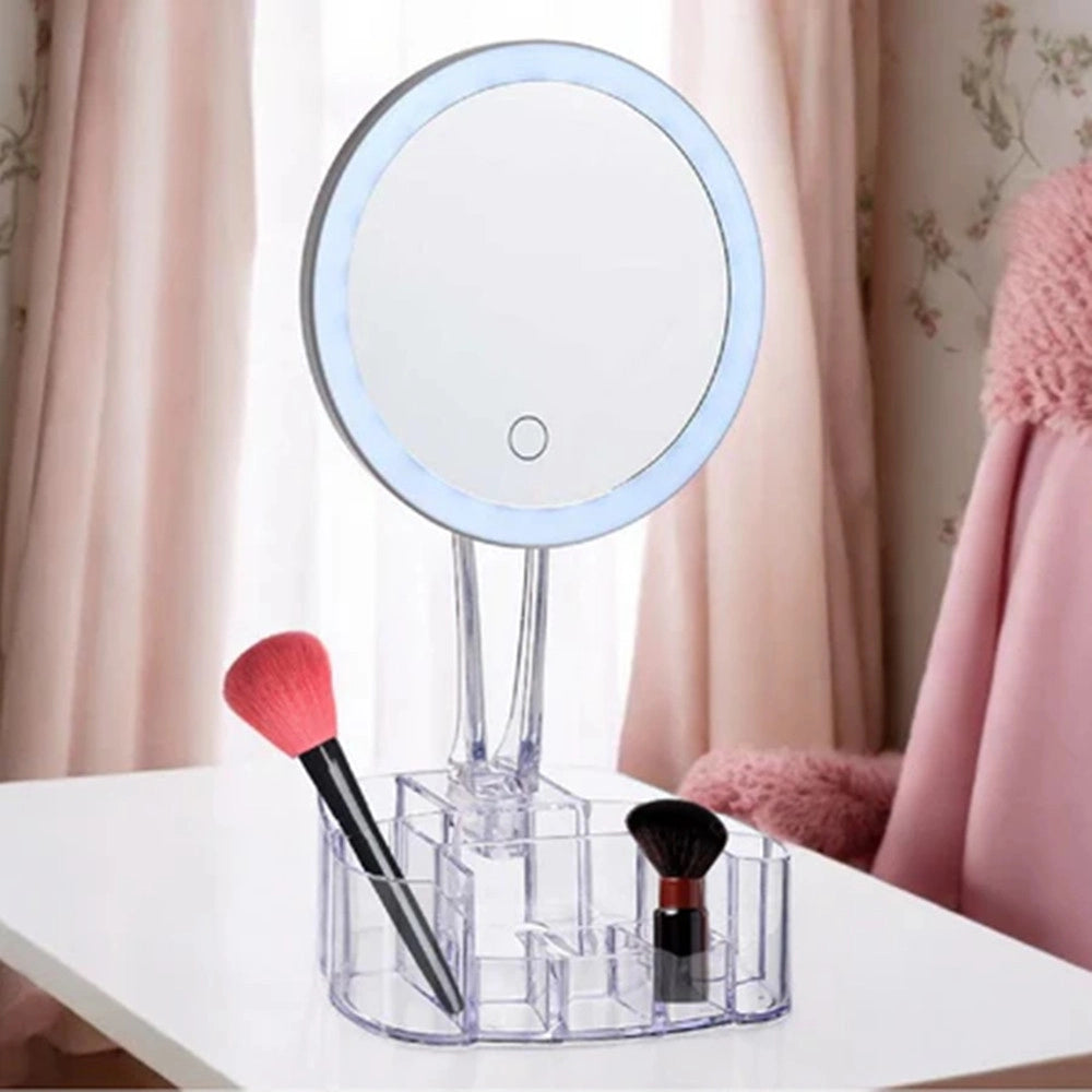Trade Shop - Specchio Trucco Da Tavolo Con Luce 26 Led Porta Accessori Trasparente Ingrandimento 1x -