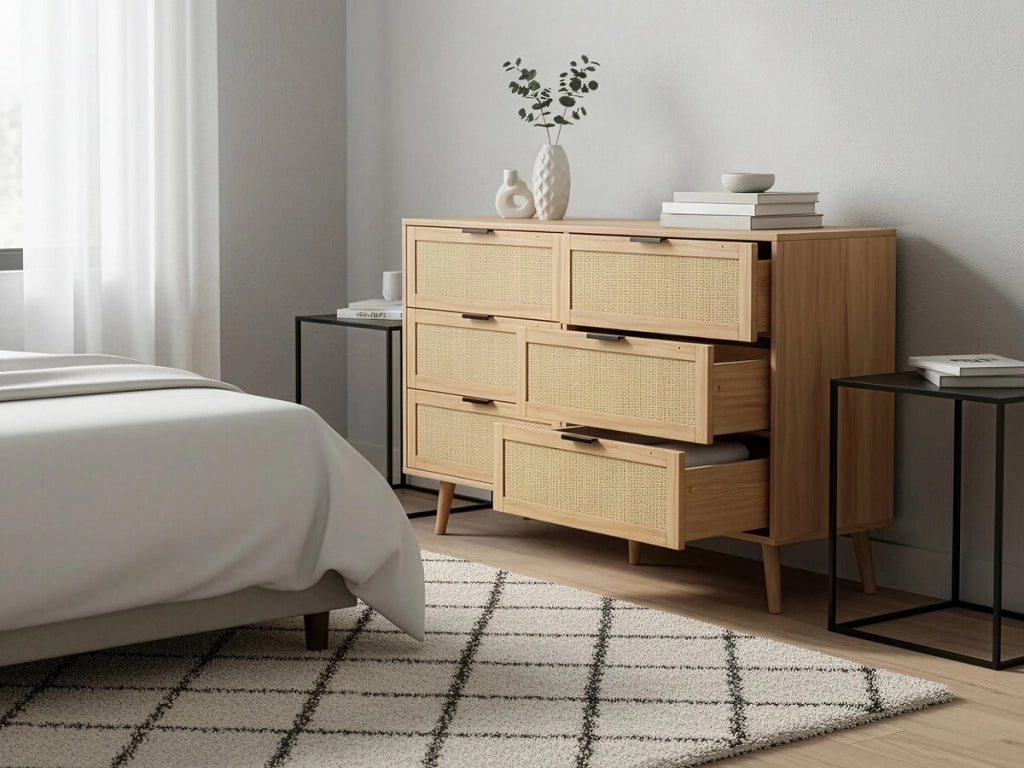 Cassettiera "Preston" in legno e giunco ??- 120 x 40 x 75 cm - Beige