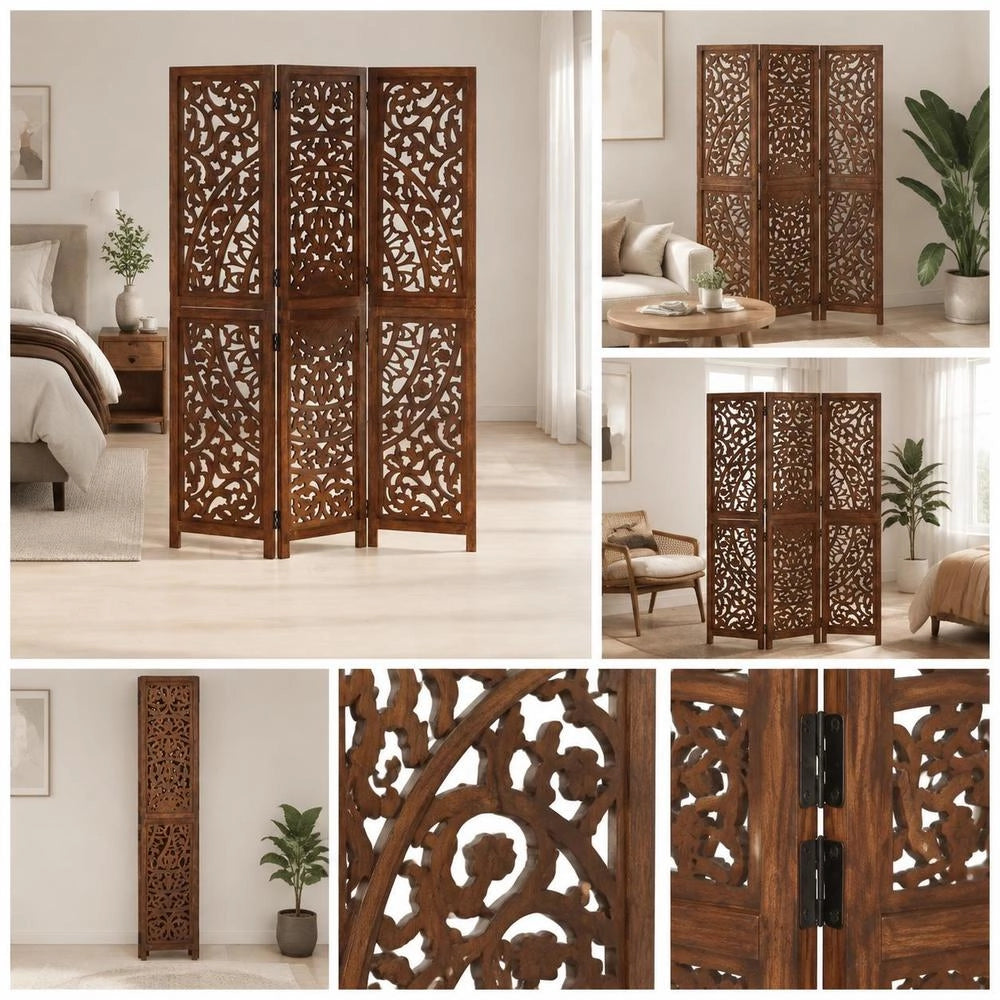 3-piece Room Divider, Hand-carved, Brown, 120x165 Cm, Mango Wood