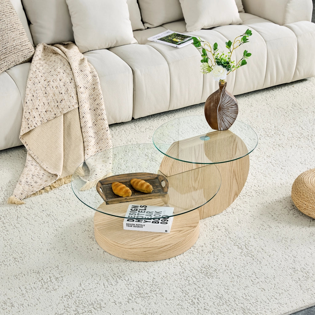TAVOLINO da caffè a 2 livelli Ø50/70 cm Vetro Trasparente e MDF effetto legno