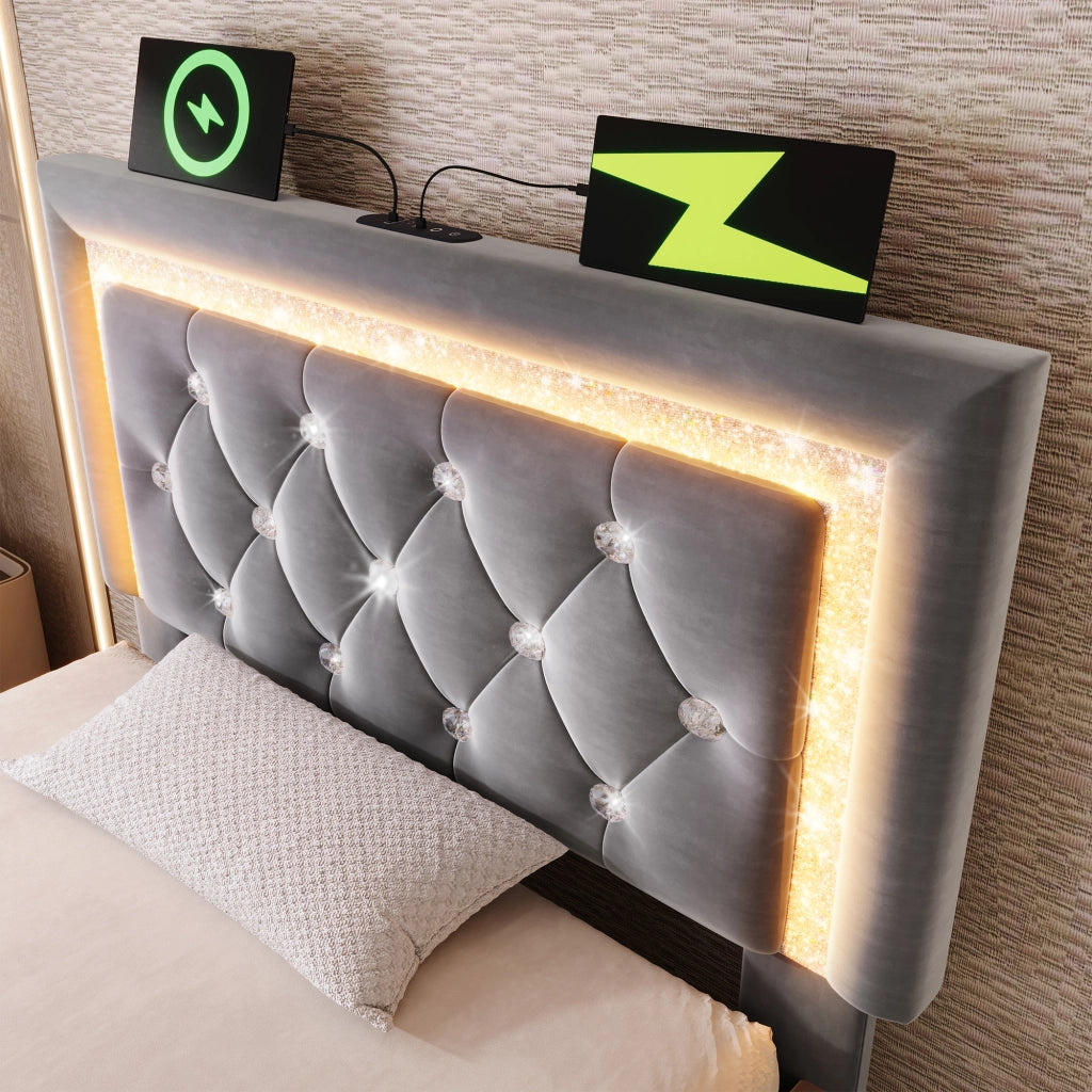 LETTO 90x200 cm in velluto grigio con LED, USB e materasso incluso