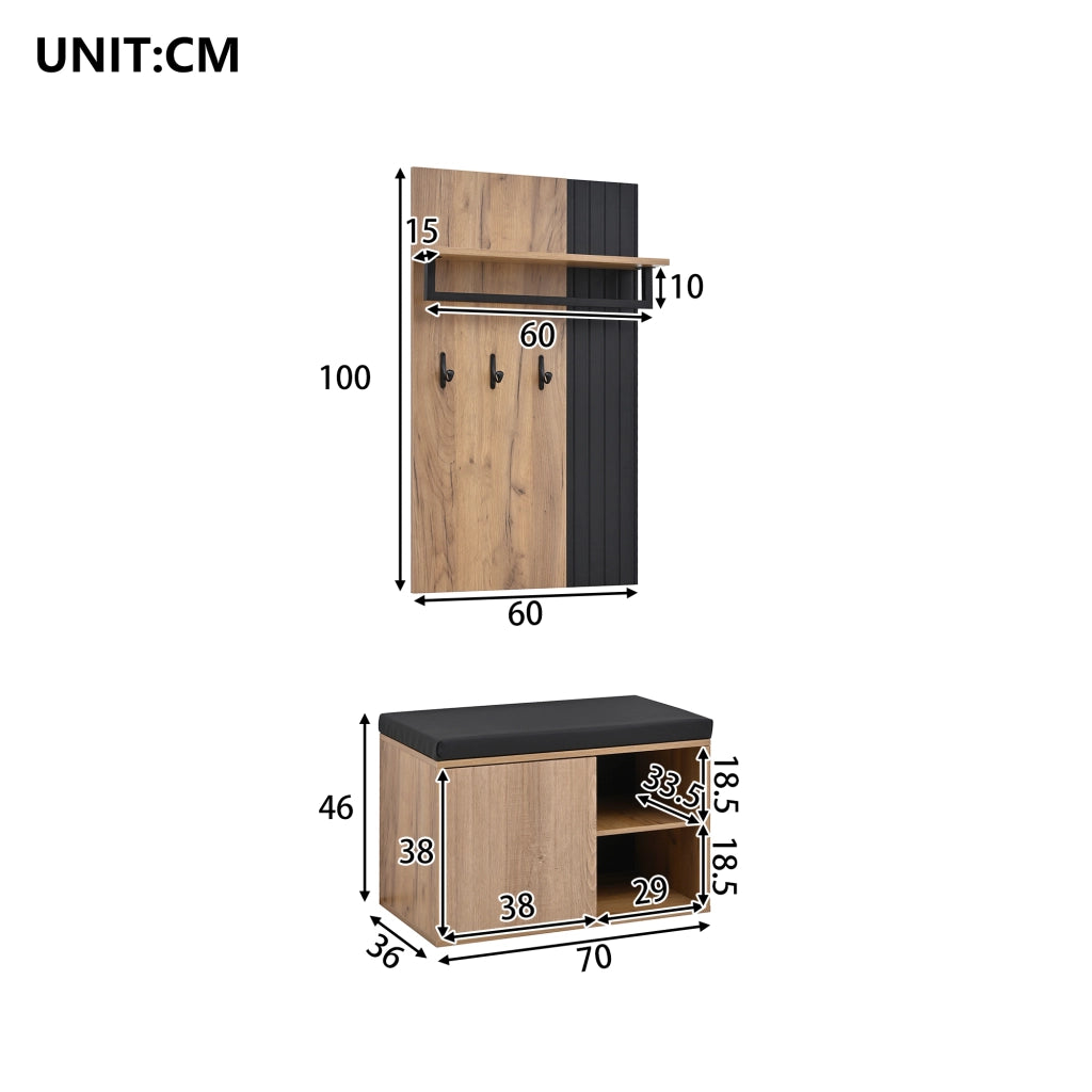 Mobile ingresso; Panca portascarpe con 2 Ante; Pannello posteriore con 3 Ganci; Stile Moderno; in Pannello Truciolare; Nero e Naturale; 70??36??146 cm