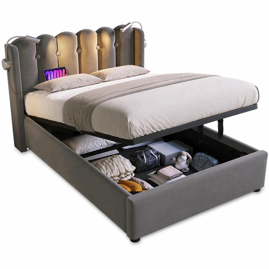 Letto singolo 90x200 cm in velluto grigio con luce da lettura; USB e contenitore