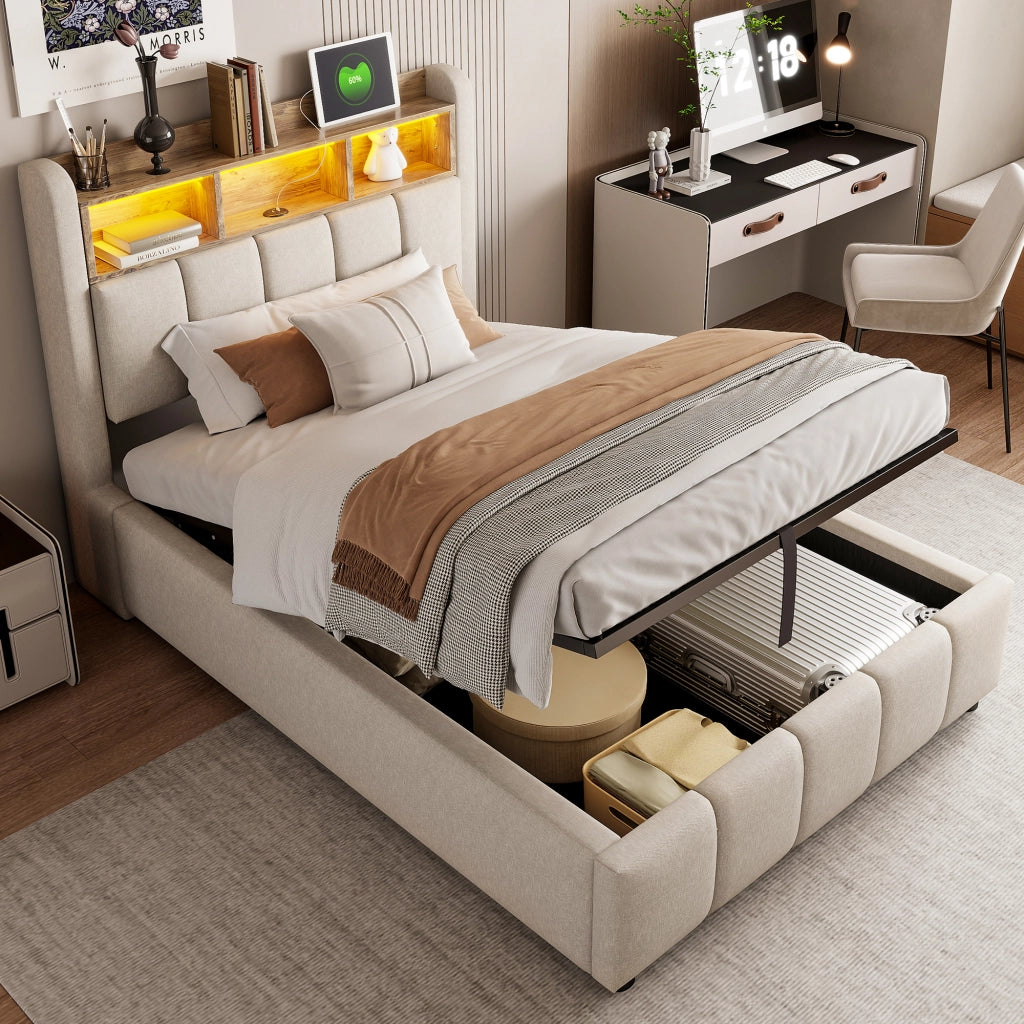 Letto imbottito 90x200 cm in tessuto effetto lino con LED, USB-C e vano contenitore idraulico, beige