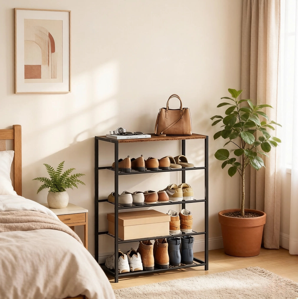 Scarpiera aperta ULEVR 63x30x83 cm con 4 ripiani in rete, MDF e acciaio, marrone rustico e nero