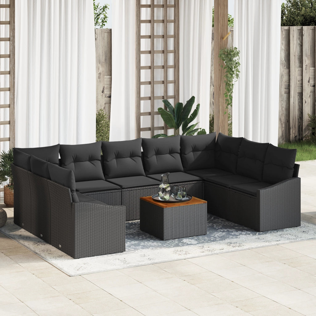 Set di divani da giardino 10 pezzi con cuscini neri in polyrattan e acacia