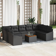 Set di divani da giardino 10 pezzi con cuscini neri in polyrattan e acacia