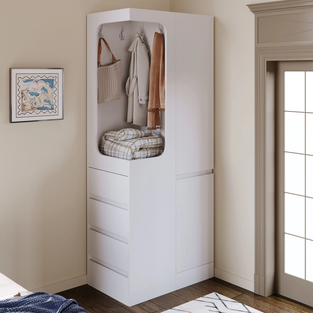 Armadio a un'anta 70x40x170 cm con 4 cassetti e vano appendiabiti aperto; bianco