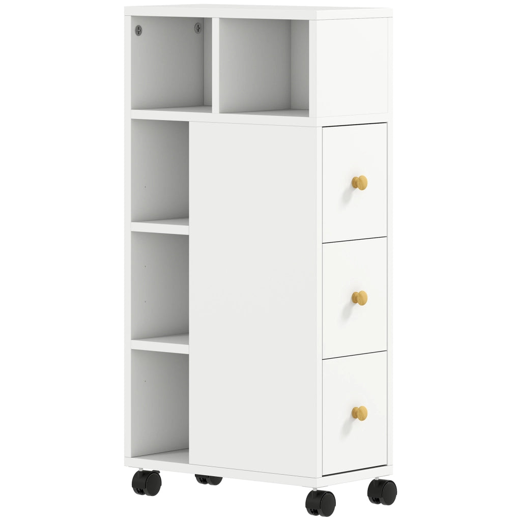 Mobiletto Bagno Salvaspazio 20x40x80 cm con Ruote 3 Cassetti e 5 Vani con Ripiani Regolabili Bianco